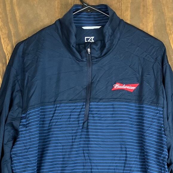 Cutter & Buck Men Jacket Navy Blue Budweiser 1/4 Zip DryTec 50+ SPF Stretch XL - Picture 2 of 12